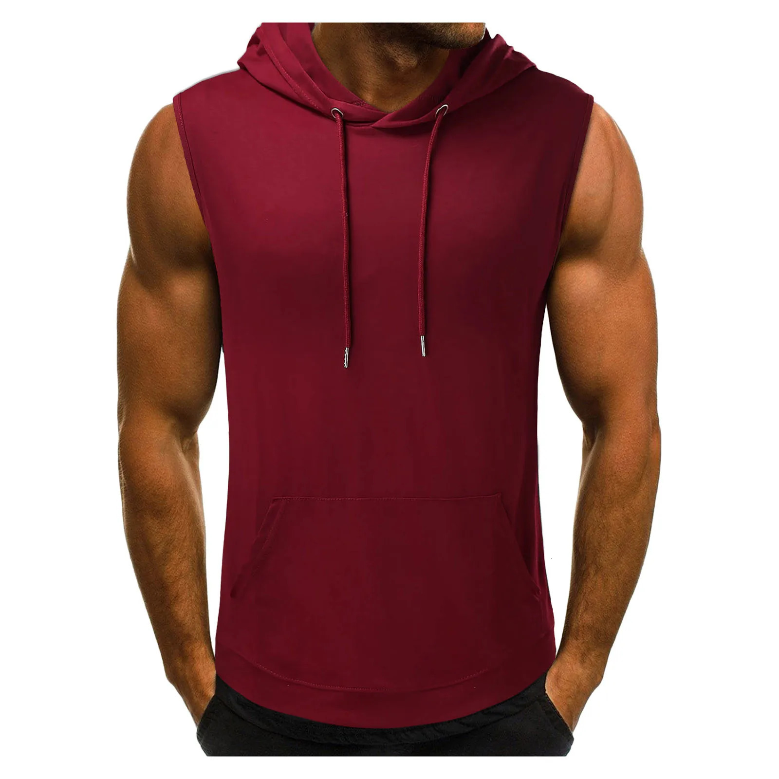 Fitness Clothing Mens Hoods Cotton Sleeveless Vests Sports Shirts Tops 250409