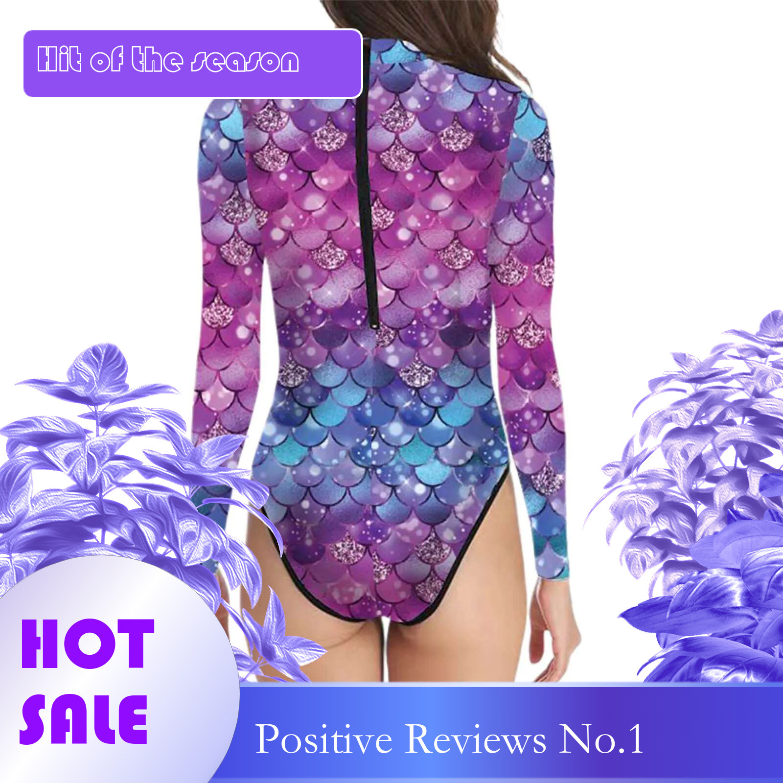 Dongdumaoyi Womens One Piece Bathing Suits Long Sleeve Fish Scale Print Mermaid Swimsuit Beach Pool Party Diving Surfing Swimwear Rashguard