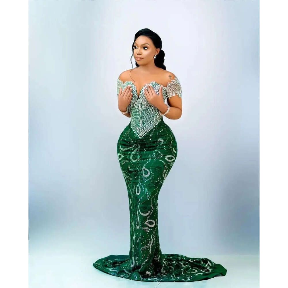 Aso Mermaid Green Ebi Prom Dress Beaded Crystals Sequined Evening Formal Party Second Reception 50Th Birthday Engagement Gowns Dresses Robe De Soiree 