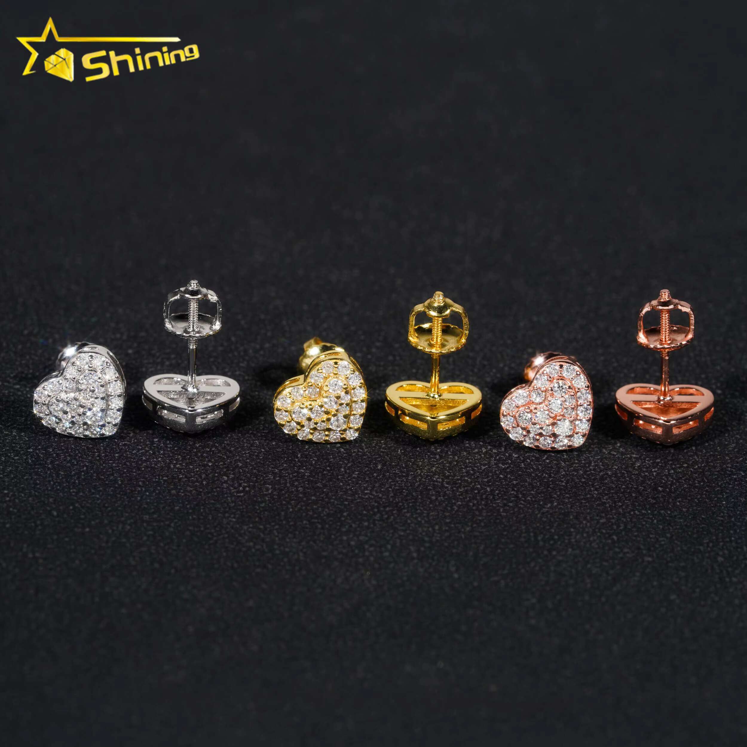 New Stock Hear Stud Earring Fine Jewelry Gold Plated 925 Sterling Silver Iced Out VVS Diamond Hip Hop Moissanite Earrings