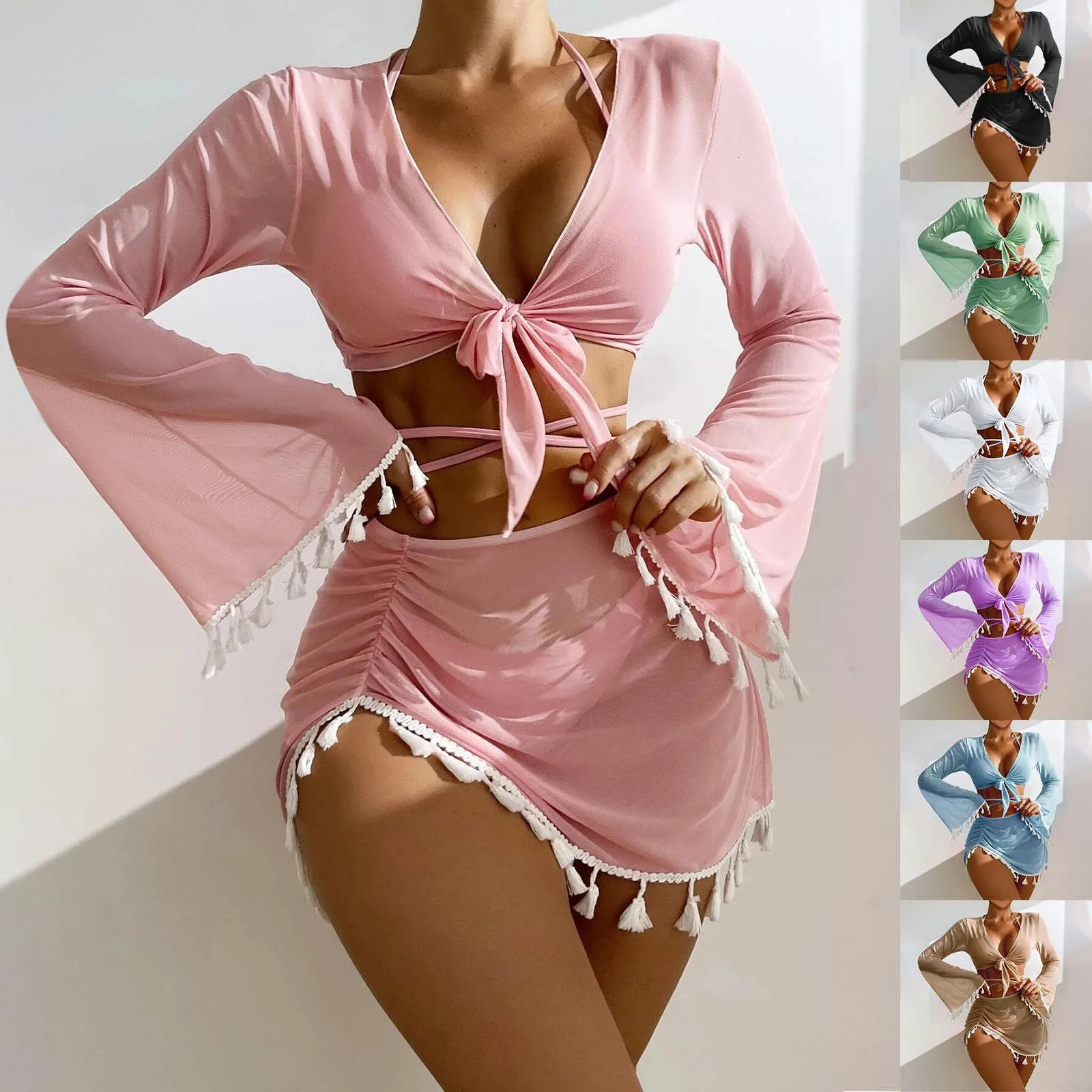 Solid color sexy fashionable slim fit beach swimsuit womens split lightweight with high waist pleated four piece set 250409
