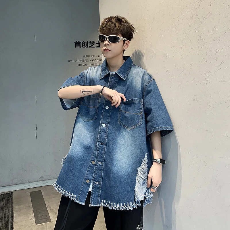 American retro denim short sleeved shirt suitable for summer thin niche shoulder pads versatile loose collage shirt 250408