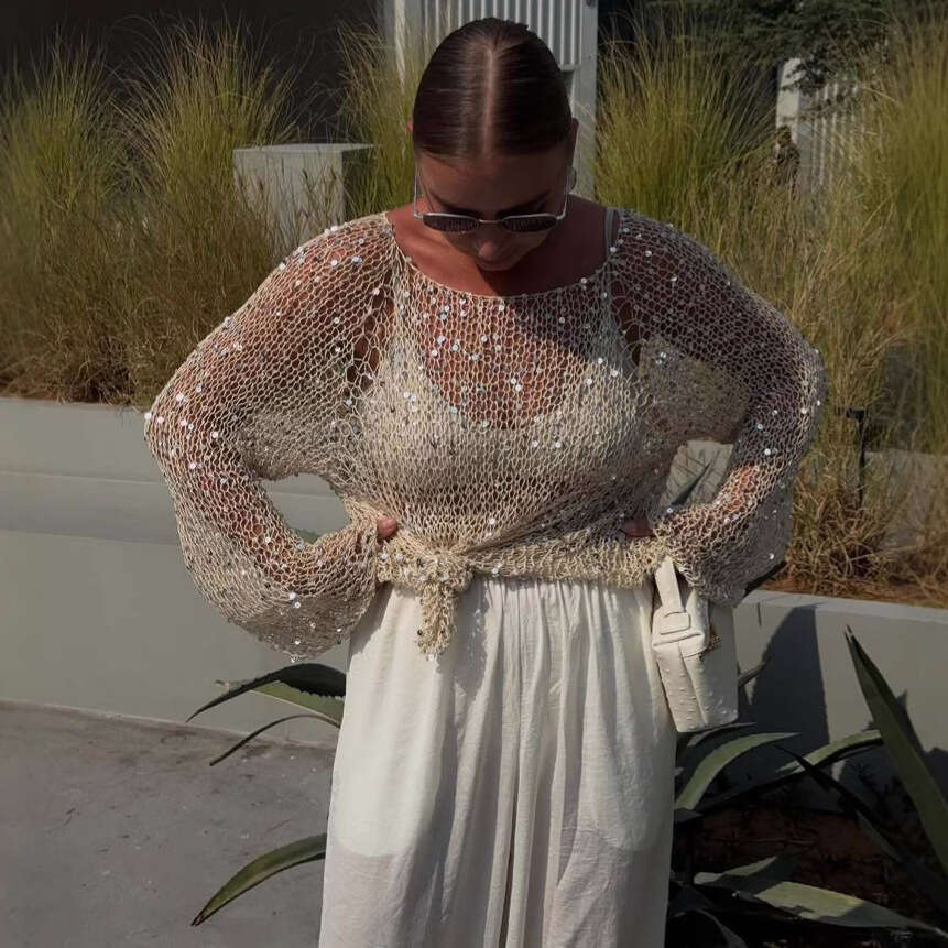 Fashion Women's Sequin Pullover Round Neck Long Sleeve Top Versatile Casual Hollow Knitted Sweater spring coat women