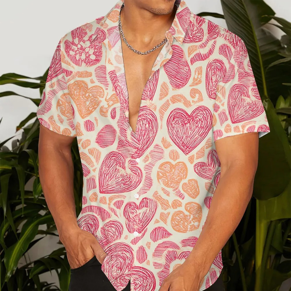 Leisure Hawaiian shirt mens button up summer short sleeved beach clothing love graffiti pattern large and tall mens clothing 250408