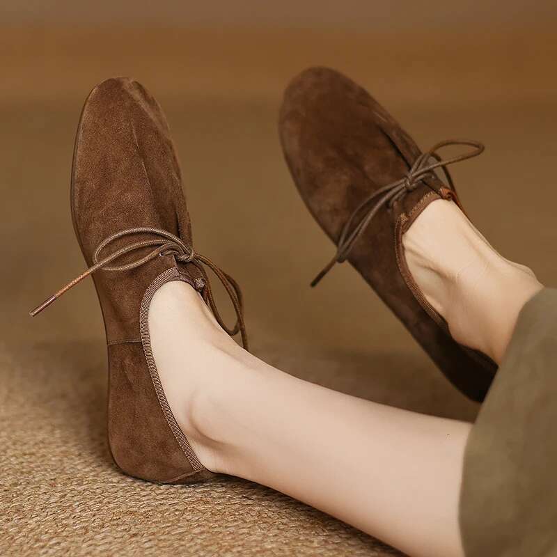 2025 New Women Suede Shoes Round Toe Lace-up Ladies Loafers Female Casual Trainers Street Fashion Flats