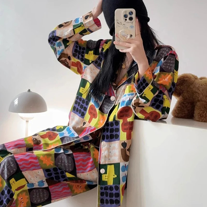 Classic cartoon cute casual lazy womens pajamas retro trend Harajuku home clothes autumn winter long sleevedpants 2piece set 250409