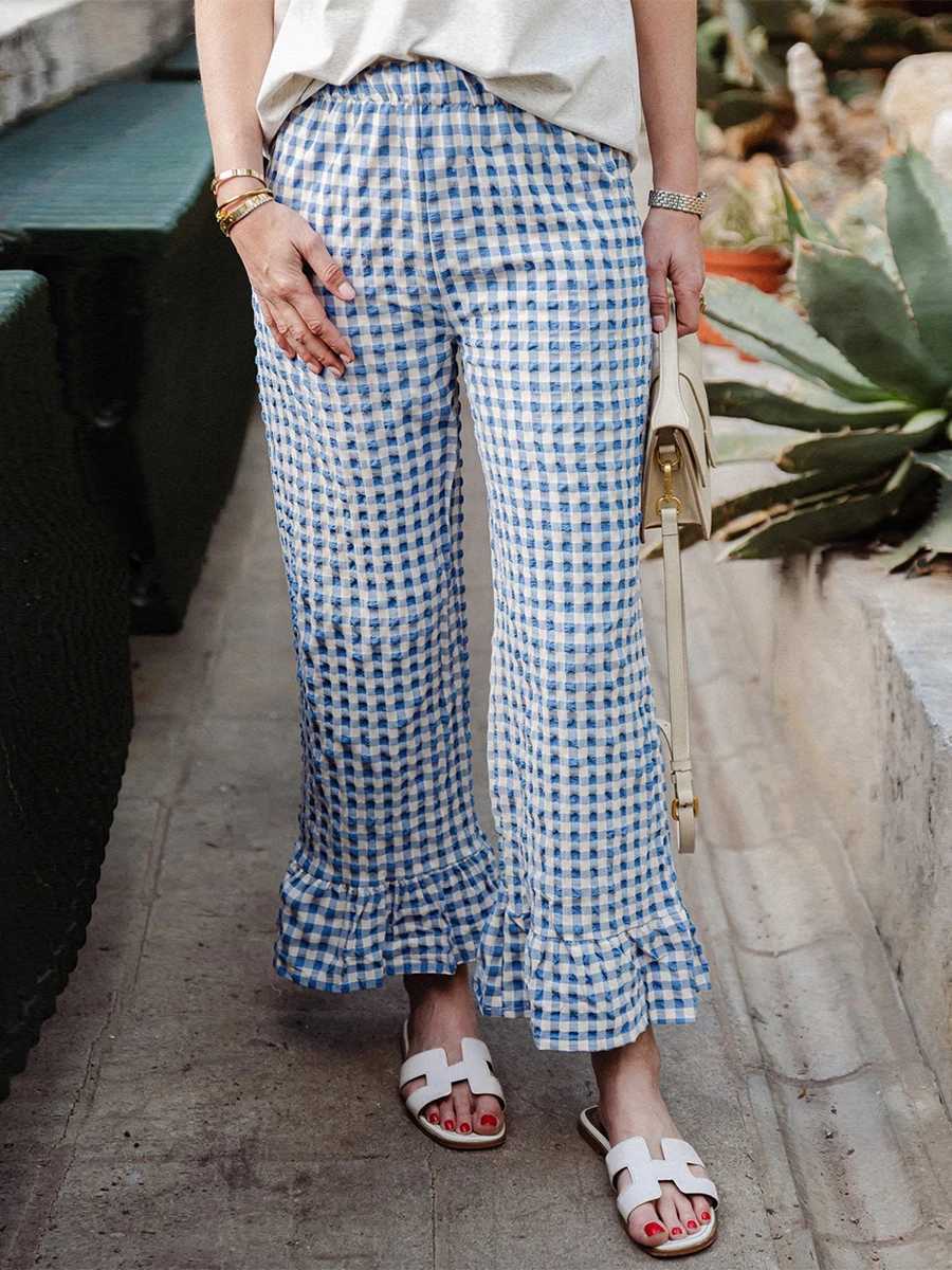 Womens Y2k plain pants silver ruffled hem elastic waistband wide legs loose casual pajamas Trousers StreetwearXJ250403