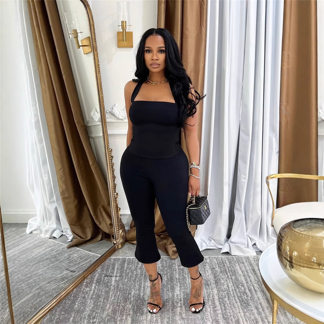 2025S Designer Women S Set Summer Solid Color Neck Straightening Sleeveless Strap Waist Tight Pants Set For Women