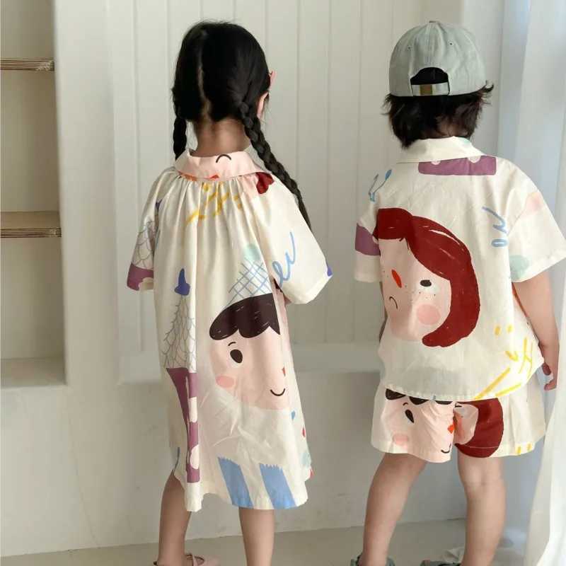 UNITIM New Summer Childrens Clothing Set Girls Cute Graffiti Dress Boys Short Sleeve Thin Shirts Childrens sisters Clothing S2548