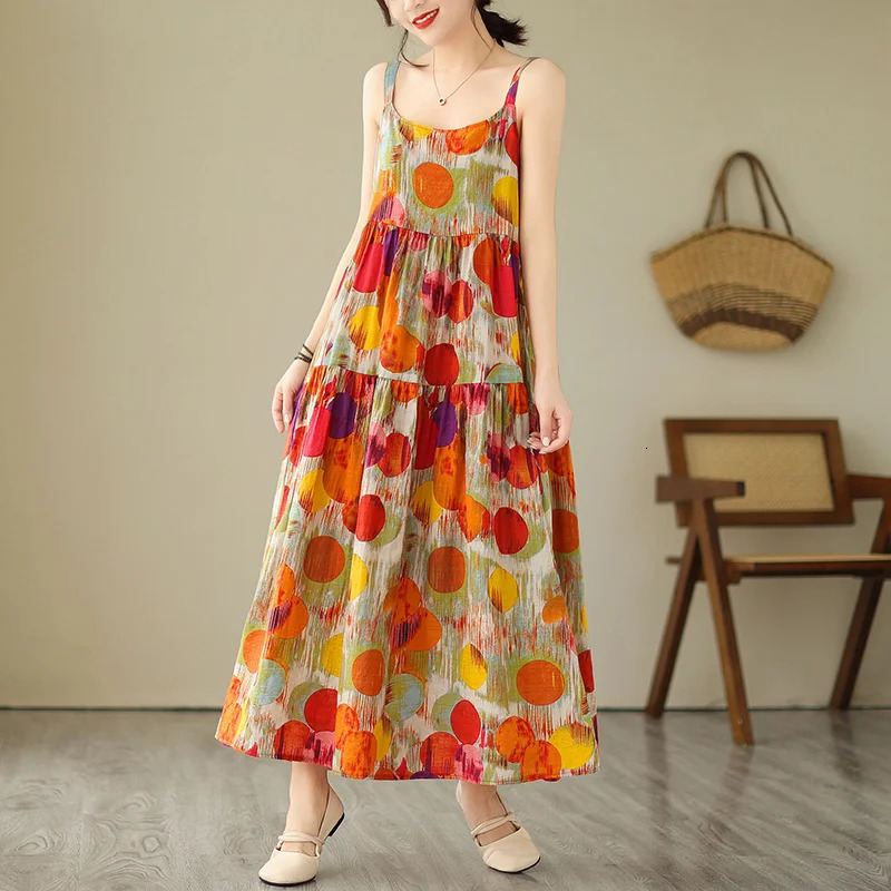 Wxw6508 summer sleeveless spaghetti strap dress for women thin and sexy retro dot print beach backless cotton linen Aline 250409