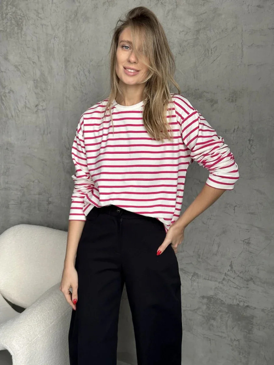 Wolfeel 2025 Summer Long Sleeve Striped T-Shirts Women Basic Casual Tops Female Cozy Loose Cotton Tees Harajuku T Shirt 250409