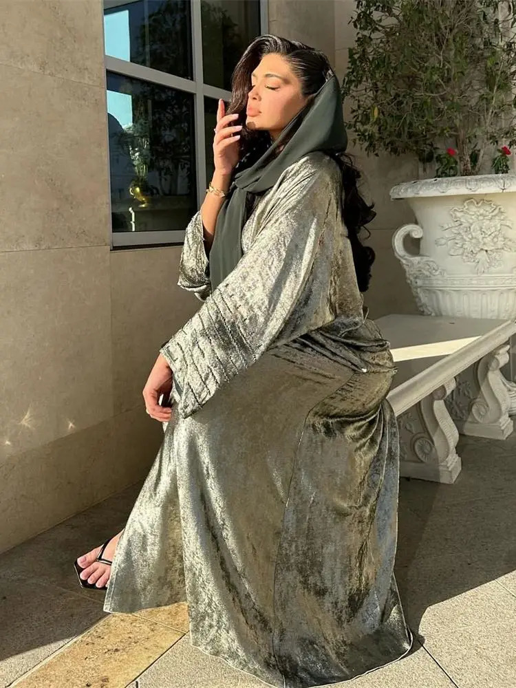 Shiny satin open kimono Abaya Dubai y Muslim Abayas Womens Kaftan Dress Islamic Clothing Musulmane Caftan 250409