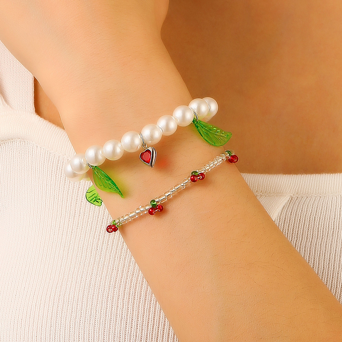 Ins Fashion Xiaomi Beaded Cherry Sweet Forest Style Women's Imitation Pearl Heart Bracelet