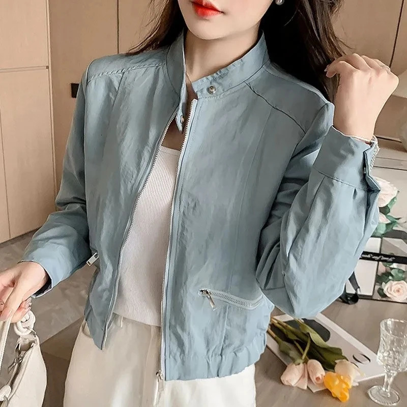 Spring and Autumn Womens Baseball Jacket Solid Color Casual Zipper Long Sleeve Stand up Collar Coat Chaquetas De Mujer 250409