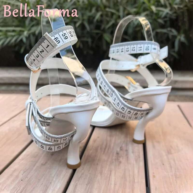 Novelty Tape Measure Shape Women's High Heels Fish Mouth Open Toe Special Heel Banquet Catwalk Niche Design Cross Strap Sandals