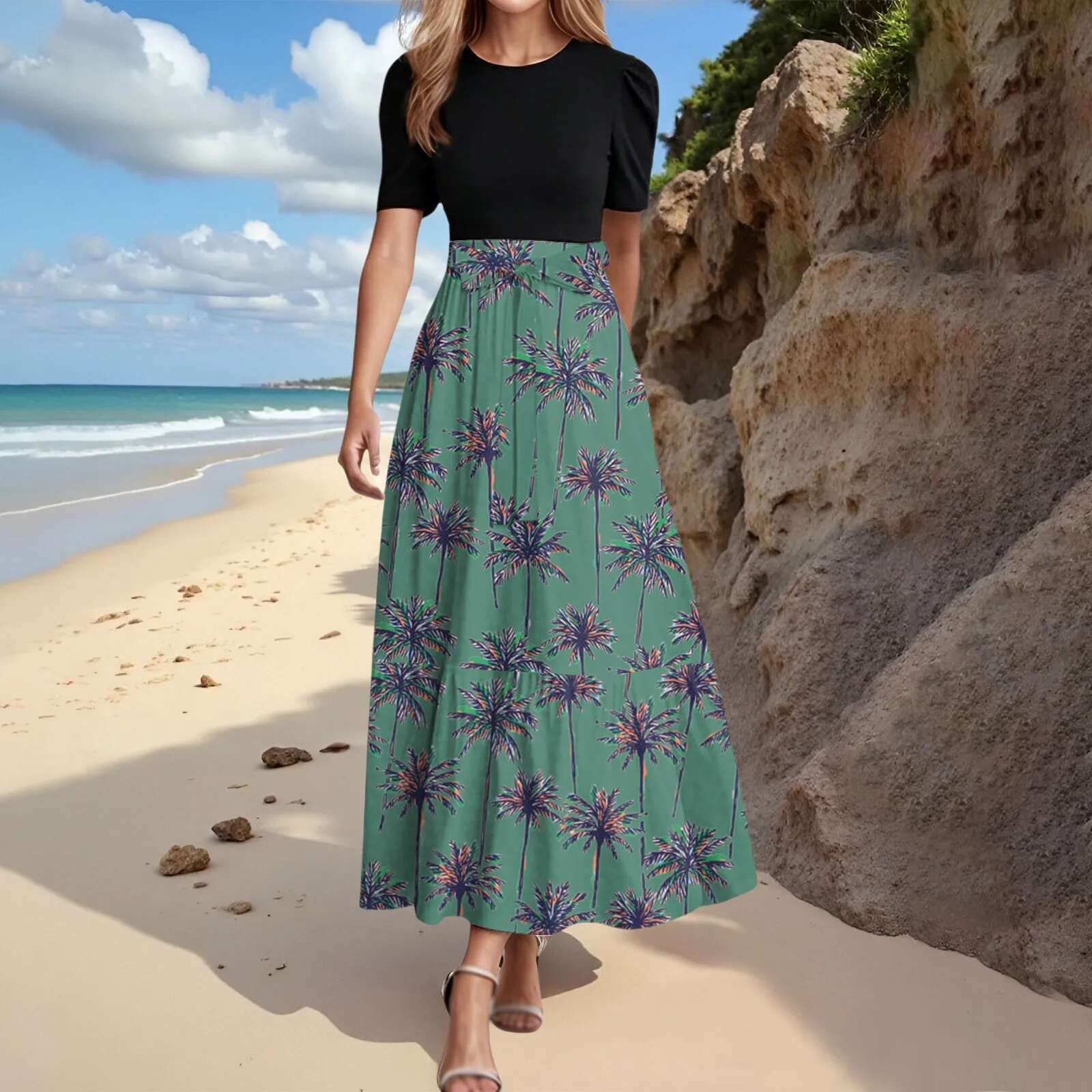Dongdumaoyi Coconut Tree Printed Short Dress For Women O Neck Sleeve Swing Sundress Bohemian Style Summer Beachwear Lady Robe