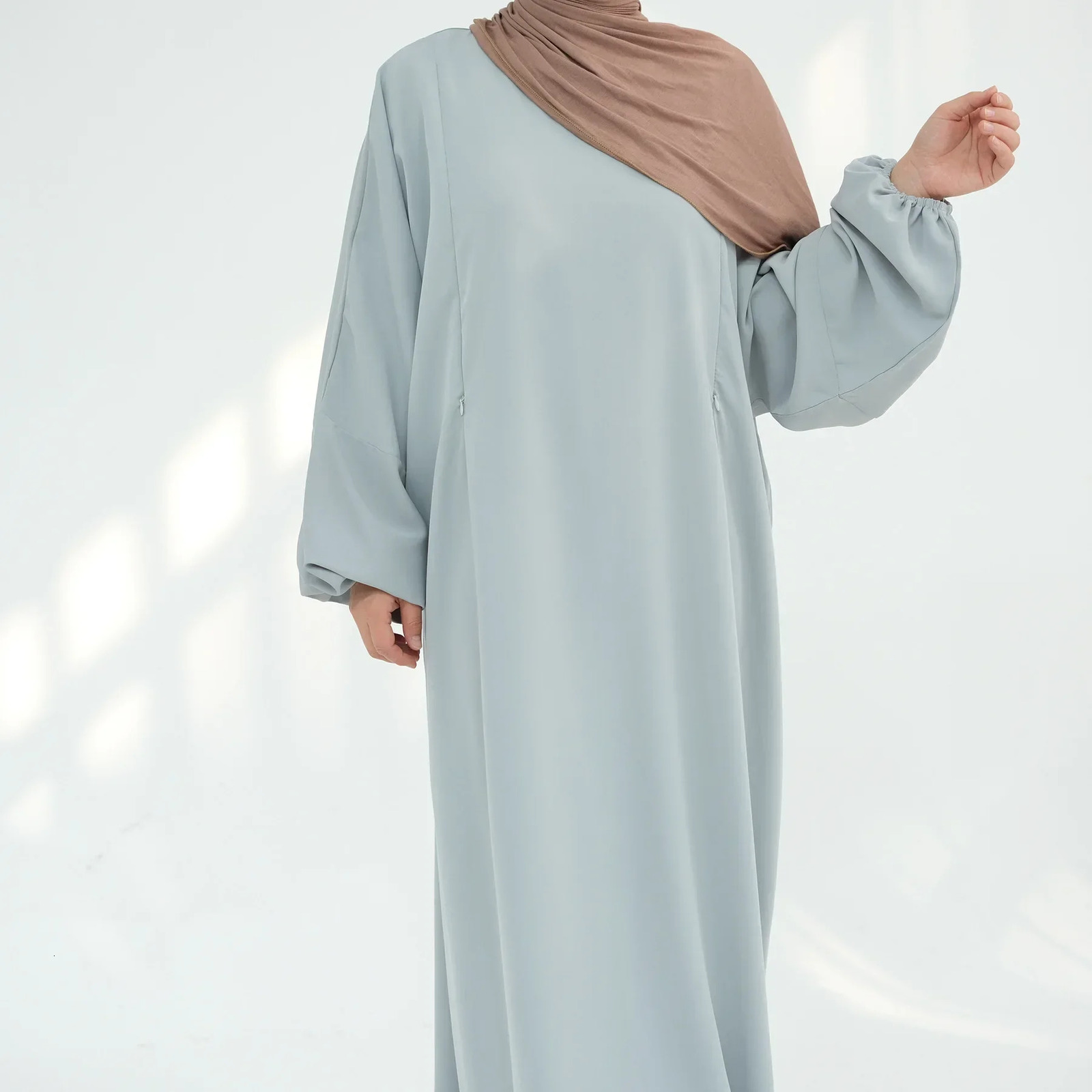 Womens dress soft Nida care mother Abaya with side zipper front Islamic clothing puff sleeves breastfeeding humble 250409
