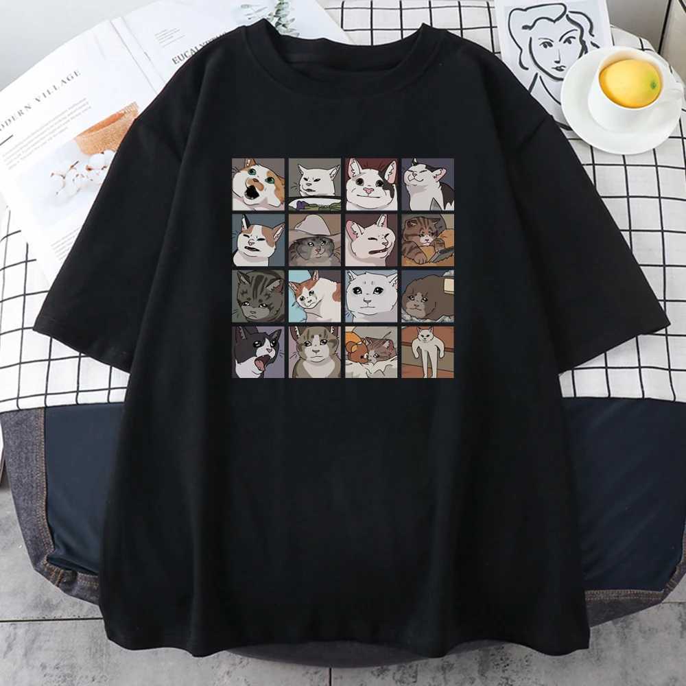 Meme cat puzzle cotton T-shirt Harajuku printed mens T-shirt Korean street short sleeved summer casual O-neck top mens clothingXJ250409