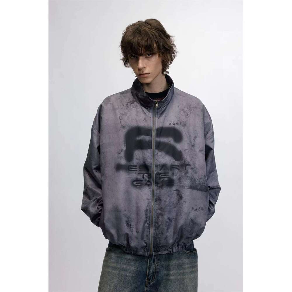 Letter Print Stand Collar Jacket Mens High Street Autumn Winter Long Sleeve Loose Zipper Fly Outerwear Men