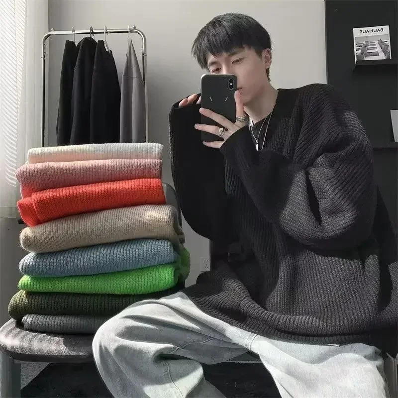 2025 Autumn Crew Neck Solid Color Pullover Sweaters For Men Casual Y2K Knitted Sweater High Street Fashion Jumpers Hombre 250409