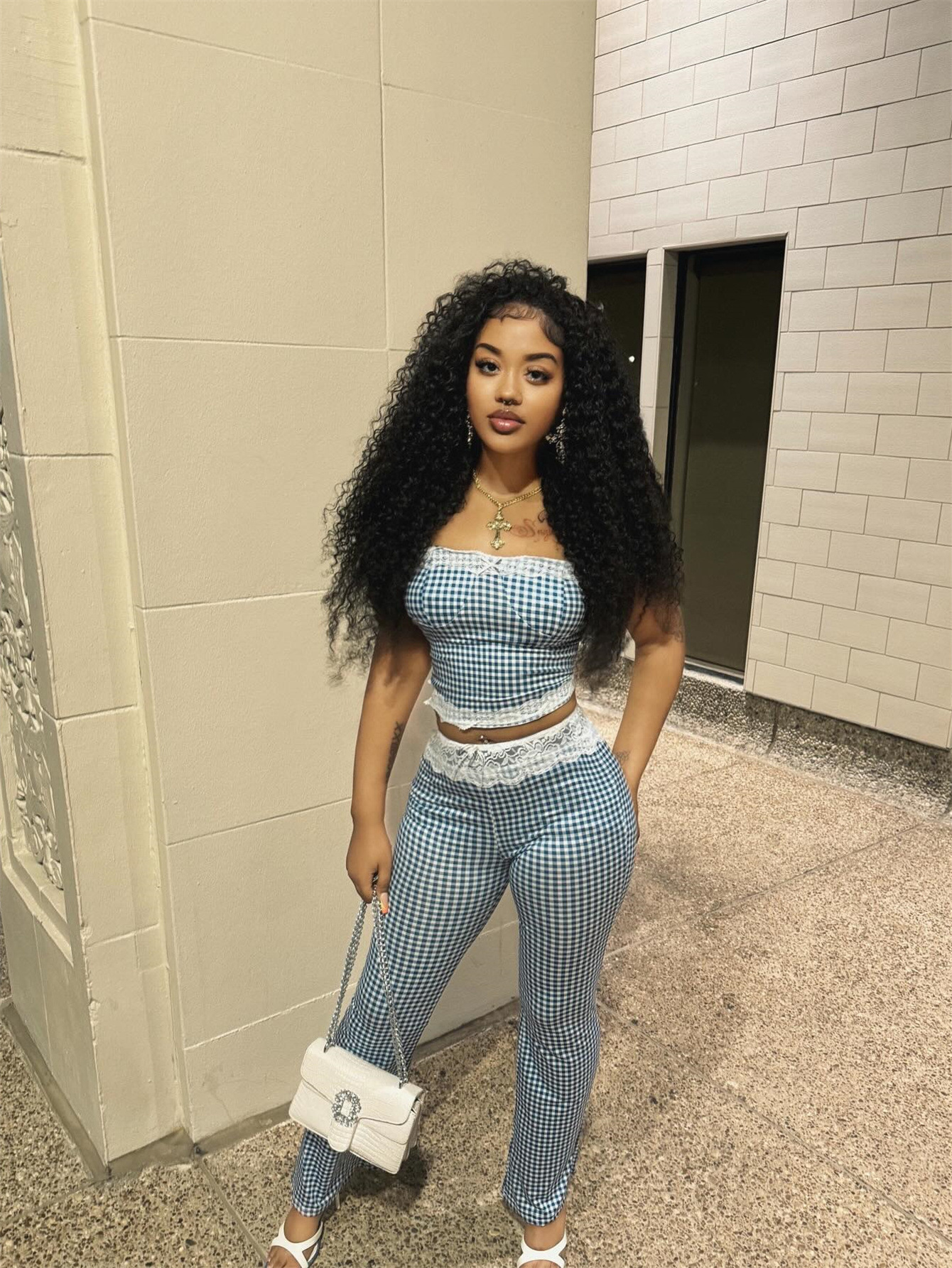 2025S Designer Women S Set Summer Sexy Checkered Printed Umbilical Top With Lace Strap Up Waist Pants Set For Women