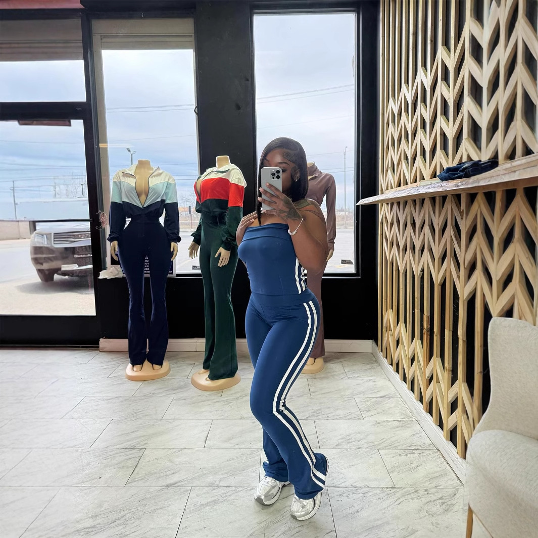 2025S Designer Women S Set Summer New Strapless Underwear Long Sleeved Striped Jacket Waist High Pants Three Piece Set