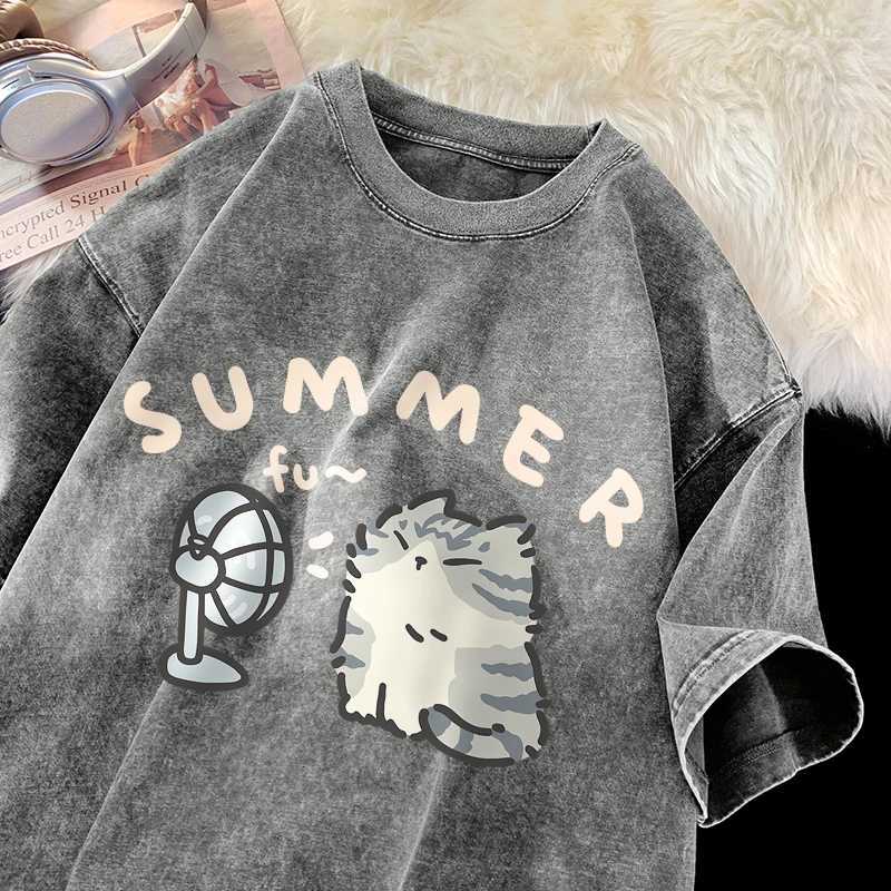 American street creative fan cat pure cotton T-shirt mens summer loose short sleeved couple retro washed topXJ250409