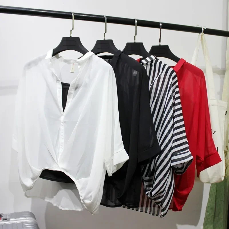 Summer twopiece chiffon shirt half sleeved loose Vneck womens elegant casual top 250409