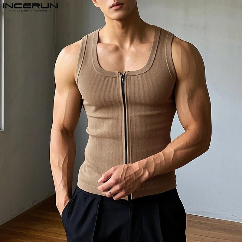 INCERUN Tops Korean Fashion Mens Knitted Solid Zipper n Tank Top Summer Casual Street Clothing Fully Matching S3XL 250409