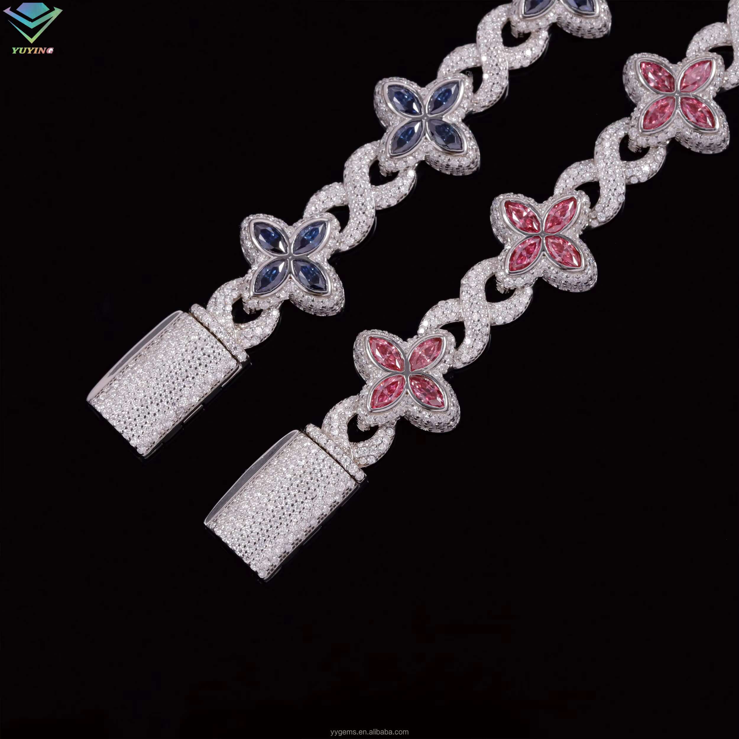 Hot Sale New Design 12MM 925 Sterling Silver Cuban Clover Bracelets Iced Out Hip Hop Infinity Colored Moissanite Cuban Bracelet