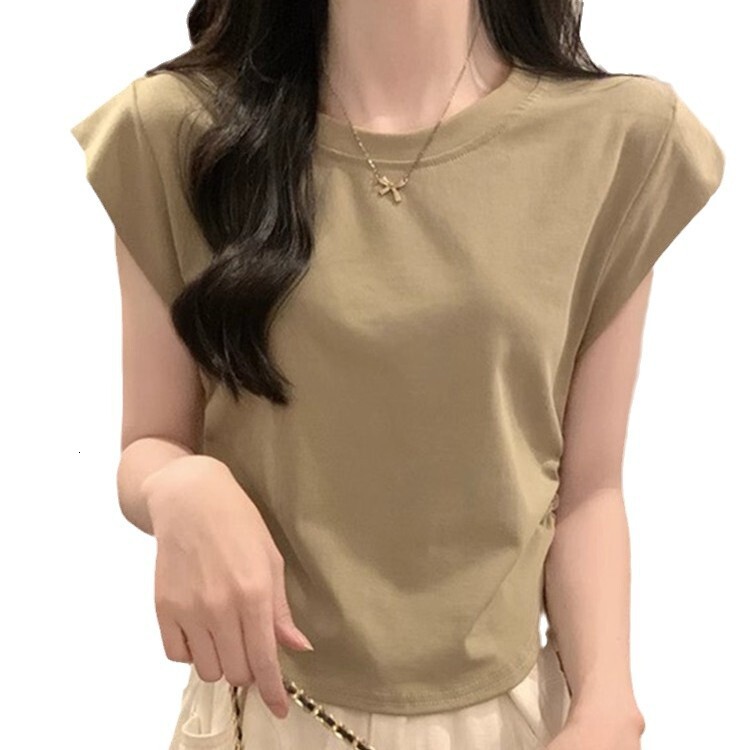 2025S Designer Women S T Shirt Shoulder Slimming Sleeved T Shirt For Women In Summer With Design Sense Of Small Fly Sleeves Pleats And A Waist Cinchin