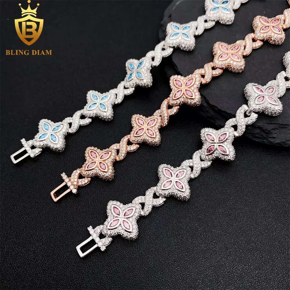 15mm New Marquise Flower Design Colorful 925 Sliver Hip Hop Jewelry Iced Out Cuban Link Moissanite Bracelet