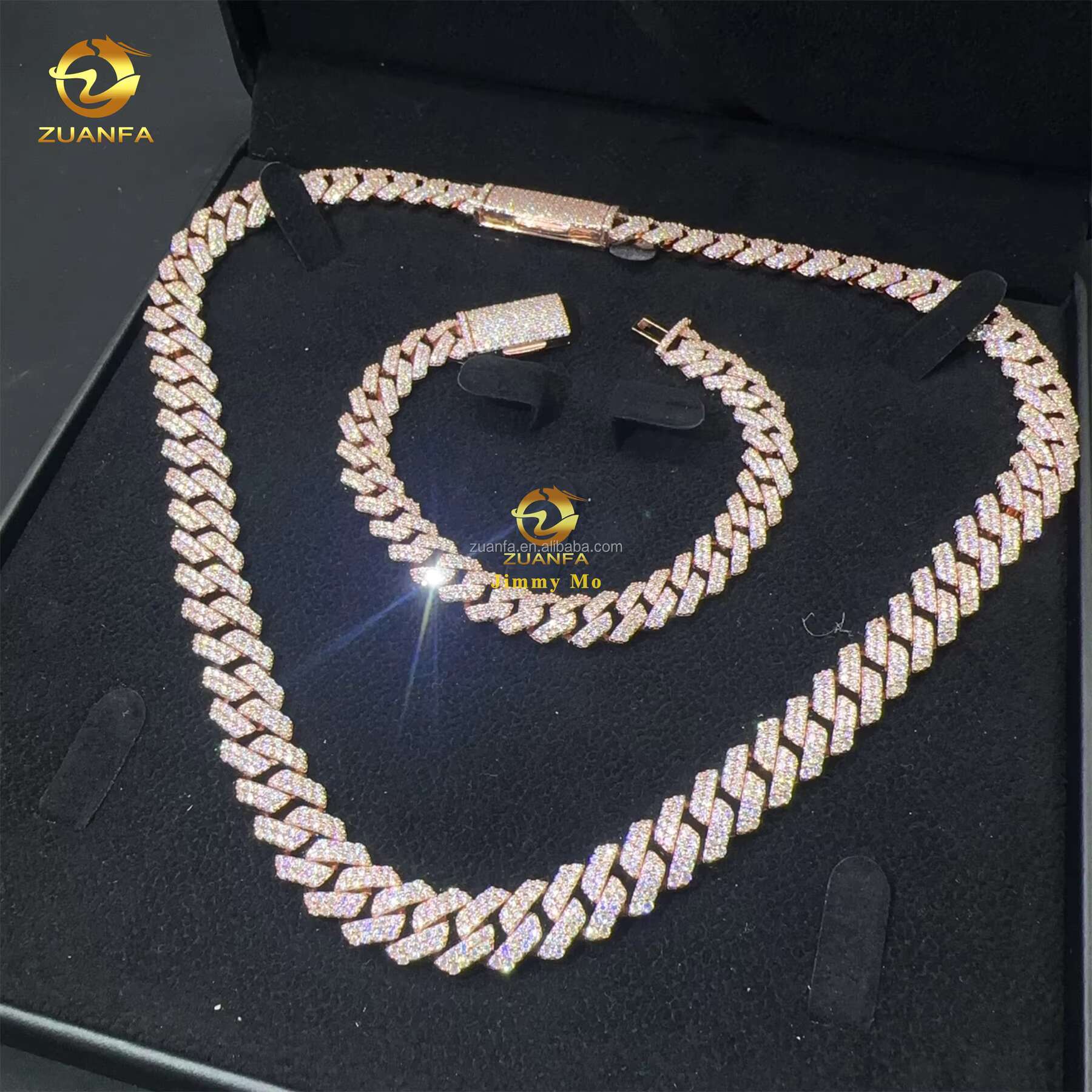 Customized Rose Gold Plated Box 925 Solid Silver 12mm Two Rows Iced Out Hip Hop VVS1 Moissanite Miami Cuban Link Chain