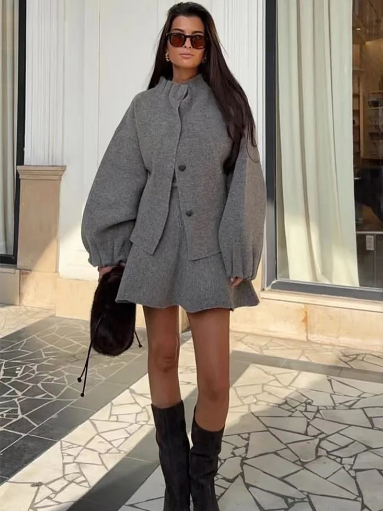 TFMLN Womens Knitted Mini Skirt Set Long Sleeve Loose Bomber Jacket Top A-Line Short Skirt Autumn Winter Elegant Suit 251107