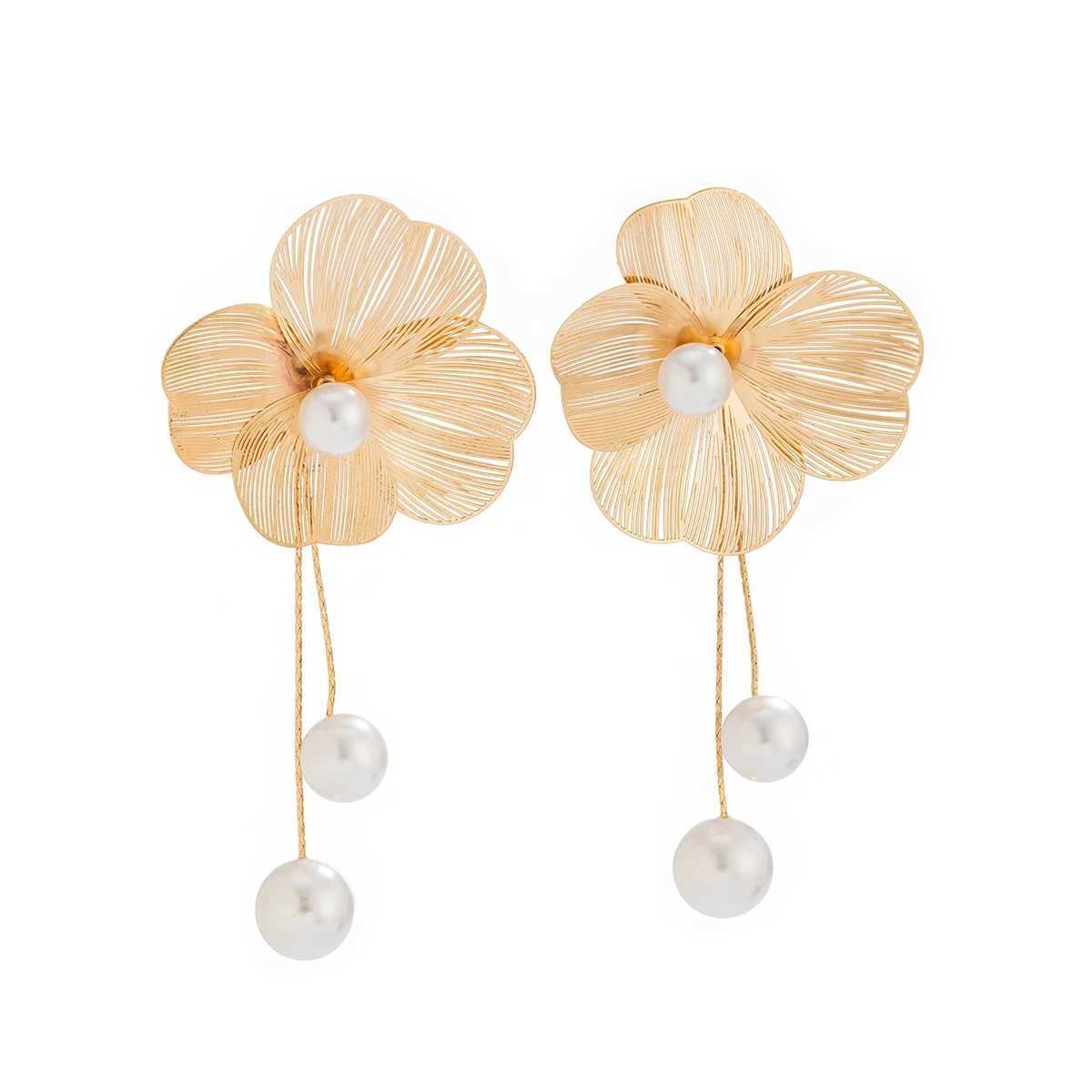 Romantic Flower Petal Long Tassel Drop Earrings for Women 2024 Trend Imitation Pearl Hanging Piercing Earrings Wed Jewelry Gift Z250408