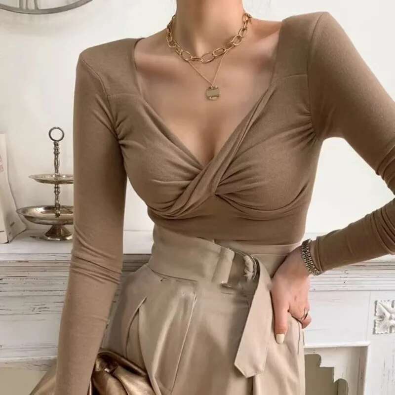 V-Neck Chest Twisted For Women's Autumn New Design Sense, Generous Collar Slim Fit And Slimming Long Sleeved Top