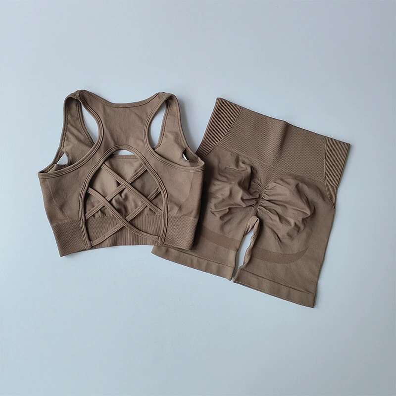High Waist Hip Lifting Fiess Set for Women with Beautiful Back Sport Bra Yoga Dress Tight Training and Sports Shorts Suit