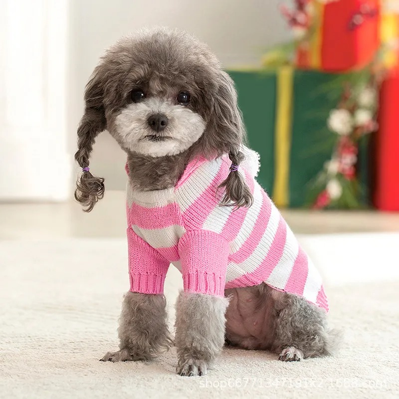 Cross border Pet clothing New Fall/winter hooded two-legged striped knit Christmas sweater Dog supplies