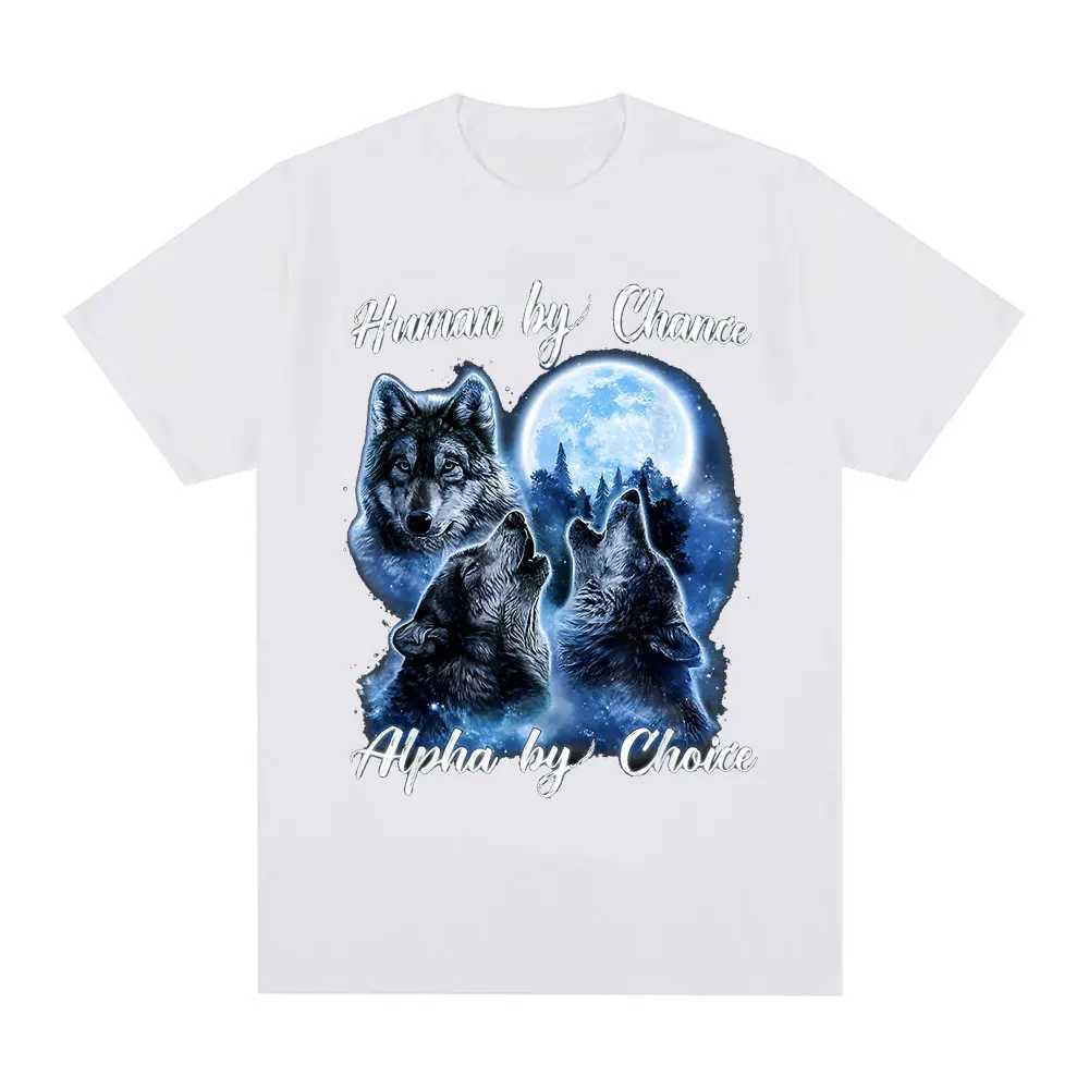 Human by Chance by Choice Wolf Graphic T-shirt Mens Fashion Hip Hop Retro Short SLeeve T-shirt Cotton Oversized T-shirtXJ250409