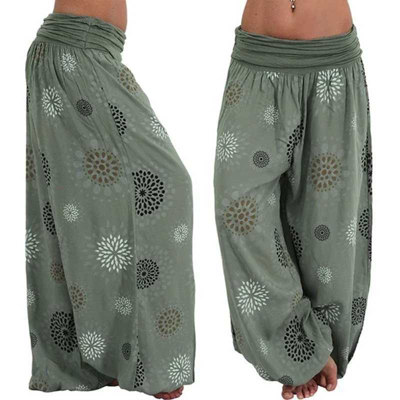 New Womens Fashion Bohemian Wide Leg Womens Pants Casual Flower Printed Loose Pants Retro Pilates Elastic Waist TrouserXJ250403