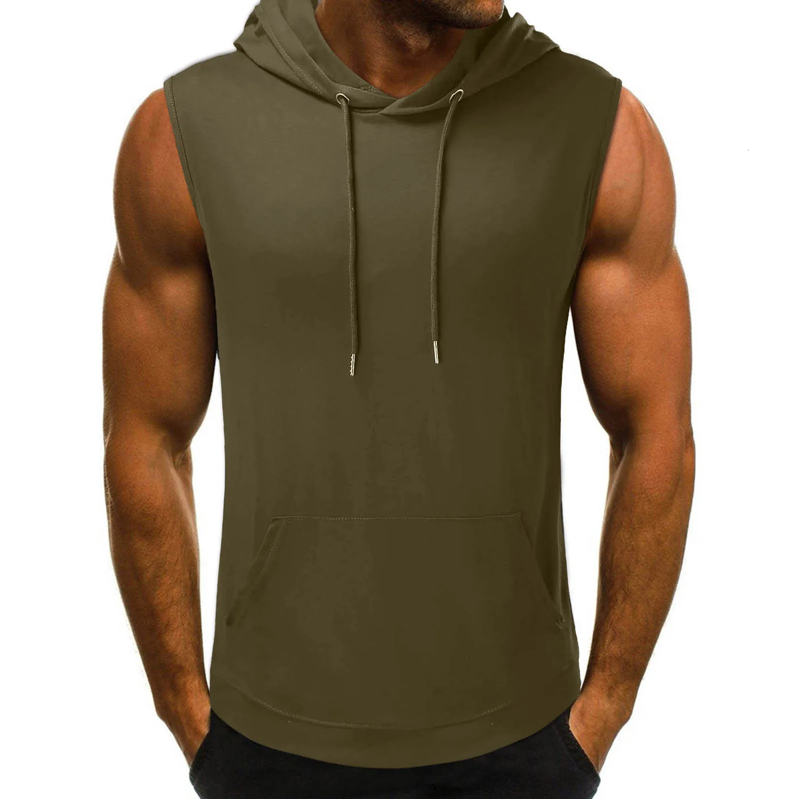 Fitness Clothing Mens Hoods Cotton Sleeveless Vests Sports Shirts Tops 250409