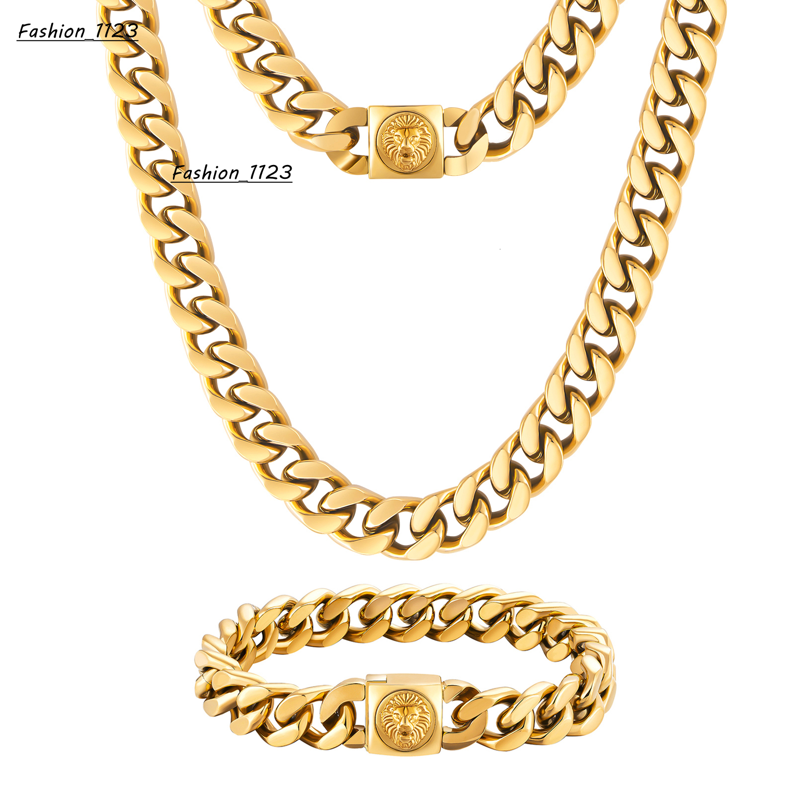 Newest 12mm Cuban Link Curb Chain for Men 18K Gold Filled Lion Necklace Boy Cross Button Clasp Bracelet Miami Cuban Link Chain