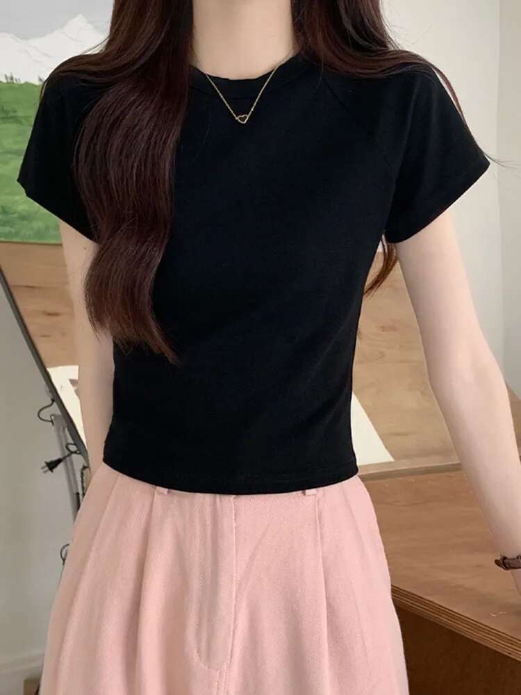 2024 Sexy O Neck Slim T Shirt Women Cotton Elastic Basic Solid Female Casual Korean Tops Short Sleeve Thin T-shirts