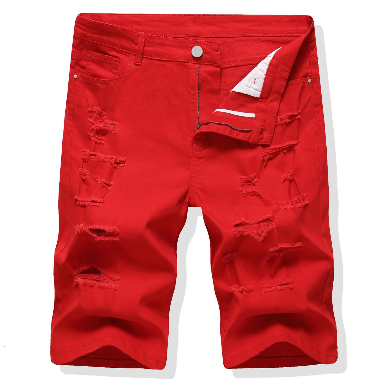 Mens summer denim shorts with holes torn cotton jeans Y2K solid color knee length ultrathin straight stretch breeze white red green 250409