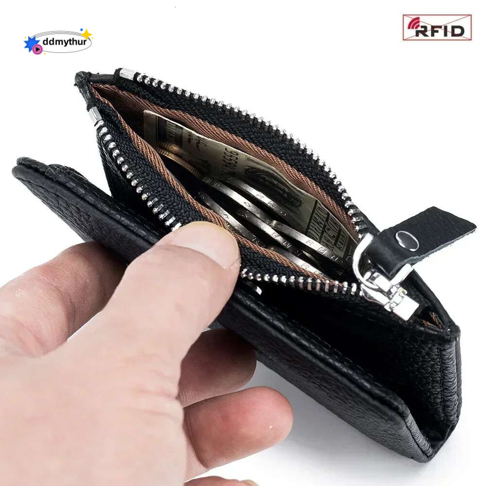 Men Women Earphone Pouch Genuine Leather RFID Short Wallets Card Holder Bag Portable Cowhide Small Zipper Money Coin Purse for ddmythur
