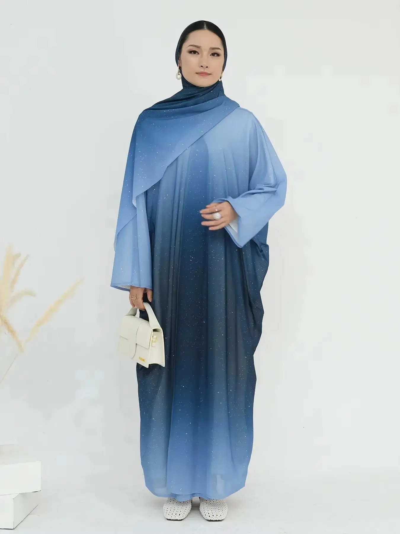 Fashion gradient shiny Muslim dress robe Abaya womens fulllength clothing worship service with scarf wy2115 250409