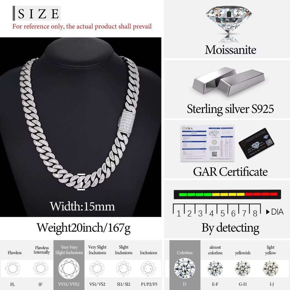 New Hip-Hop Men's Jewelry 15mm 925 Sterling Silver VVS Long Stick Moissanite Diamond Iced Cuban Chain Necklace