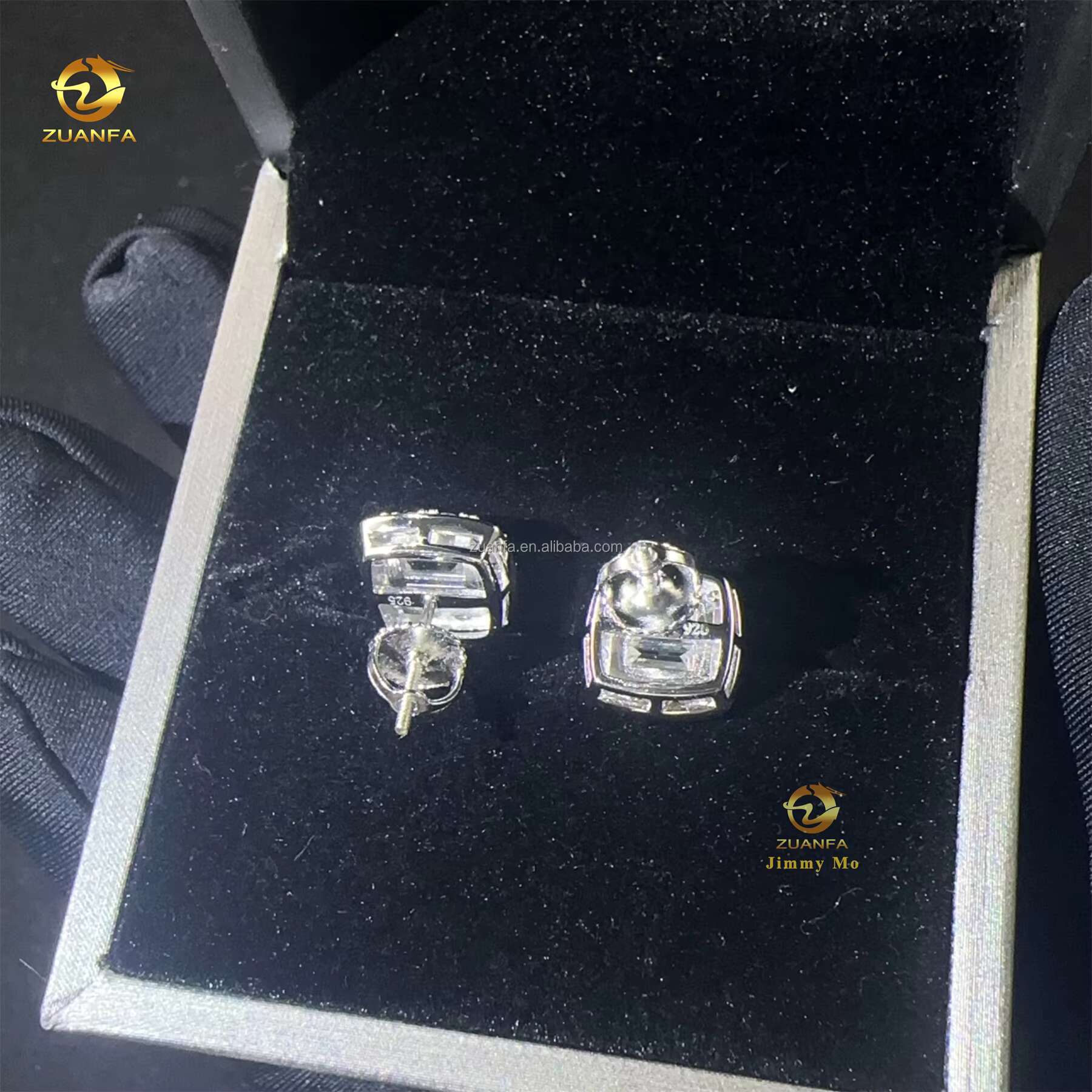 New Arrivals Bulk Stock Iced Out Man Stud Earrings Baguette Moissanite Diamond Screw Back Setting Hip Hop Stud Earring 925
