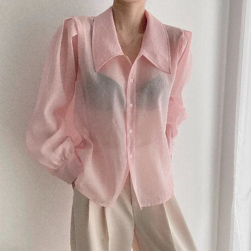 REALEFT SpringSummer Thin Womens Top Pink Long Sleeve Single Chest Solid Elegant Shirt 250409