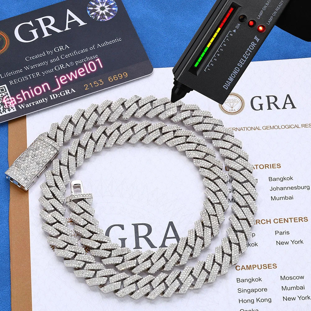 12mm Three Rows Pass Diamond Tester 925 Silver Rose Gold Plated Iced Out Hip Hop Flawless Moissanite Diamond Cuban Link Chain